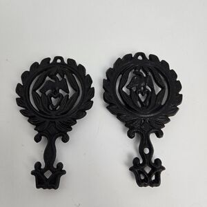 Vintage Set Of 2 Small Wrought Cast Iron Eagle Heart Ornate Footed Trivets Japan
